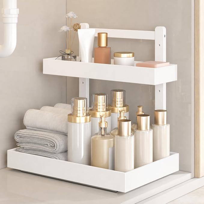 Bamboo Under Sink Organizer, 2-Tier Pull Out Cabinet Organizer | Kitchen Sink Organizer | Bathroom Cabinet Organizer | Cleaning Supply Storage | L-Shape | 3-Level Adjustable | Natural Bamboo by WisuceHome