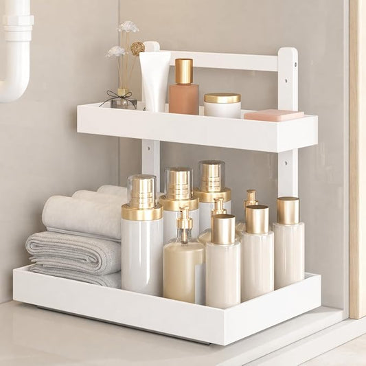 Bamboo Under Sink Organizer, 2-Tier Pull Out Cabinet Organizer | Kitchen Sink Organizer | Bathroom Cabinet Organizer | Cleaning Supply Storage | L-Shape | 3-Level Adjustable | Natural Bamboo by WisuceHome