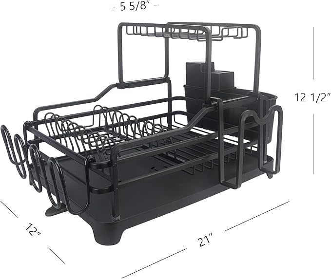 GMT-10353-A Black Aluminum Dish Drying Rack with Utensil Holder - 2 Tier Kitchen Countertop Rust Proof Dish Rack and Drainboard Set - Large Dish Organizer Rack - Image 2