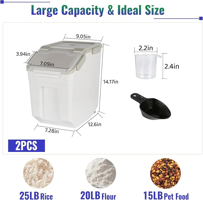 Rice Container 25 lbs Large Bulk Flour Sugar Storage Holdhouse Plastic Grain Cereal Dry Goods Bin with Spoon and Measuring Cup for Kitchen Pantry Organization - Grey - Image 2