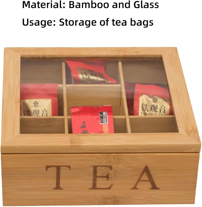 Tea Box Organizer,Bamboo Tea Box Organizer Storage Box,Wooden Teas Bag Storage with 9 Compartments and Clear Glass Cover for Home Office Gift - Image 10