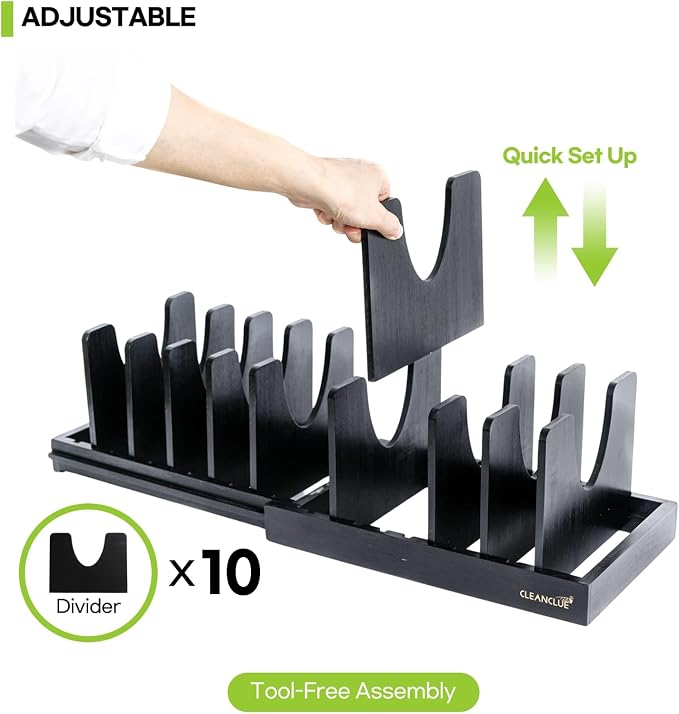 Bamboo Expandable Bakeware and Cutting Board Organizer, Adjustable Pot Lids Holder Rack, Cookie Sheet Baking Pan, Tray Organizer for Kitchen Storage (Black) - Image 3