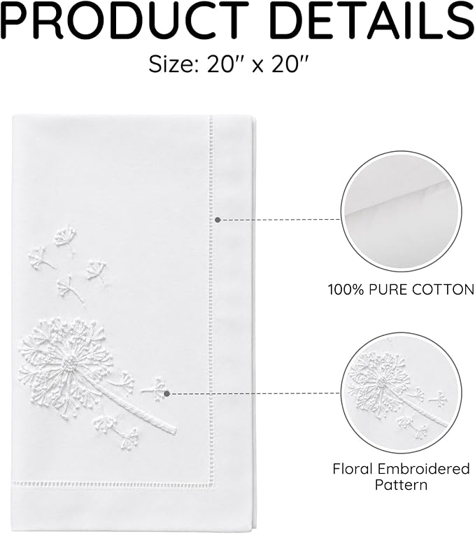 Cloth Napkins Set of 4, 20x20 inch, 100% Pure Cotton Hand Embroidered French Knot, Reusable & Machine Washable, Elegant Table Napkins for Dinner, Weddings, Parties (White Dandelion) - Image 3
