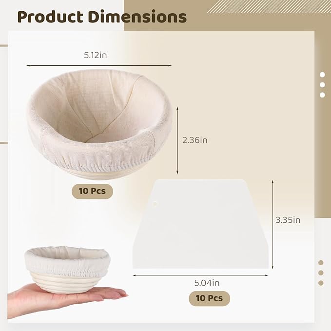 Mini Banneton Basket, Pack of 10 Proofing Basket, Banneton Bread Proofing Basket, Mini Sourdough Banneton Basket, Bakery Baking Bowls With Liners And Scrapers, Bread Baking Supplies - Image 4