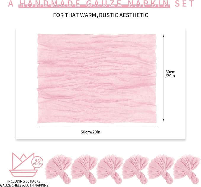 Teruntrue 30 Pack Light Pink Cheese Cloth Napkins Gauze Napkin Cloth Bulk Set of 30 Washable Boho Dinner Table Napkins for Wedding Party Baby Shower Birthday Party Decorations，20 x 20 Inch - Image 2