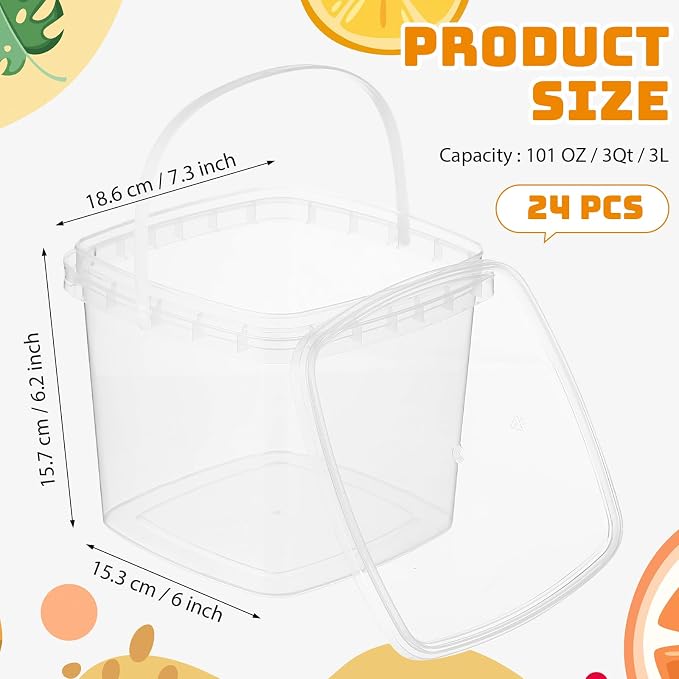 24 Pcs 101 oz Square Deli Containers with Lids and Handles, Clear Plastic Storage Buckets, Stackable Reusable Food Containers for Meal Prep, Snacks, Craft Supplies, Toys, Kitchen, Pantry, Restaurant - Image 2