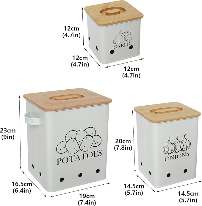 Kitchen Canisters Set, Storage Bin for Potato Onion & Garlic, 3 Pack Set Countertop Pots Containers with Wooden Lid - Potato Storage, Garlic Bin, Onion Keeper Tin with Aerating Holes-White - Image 7