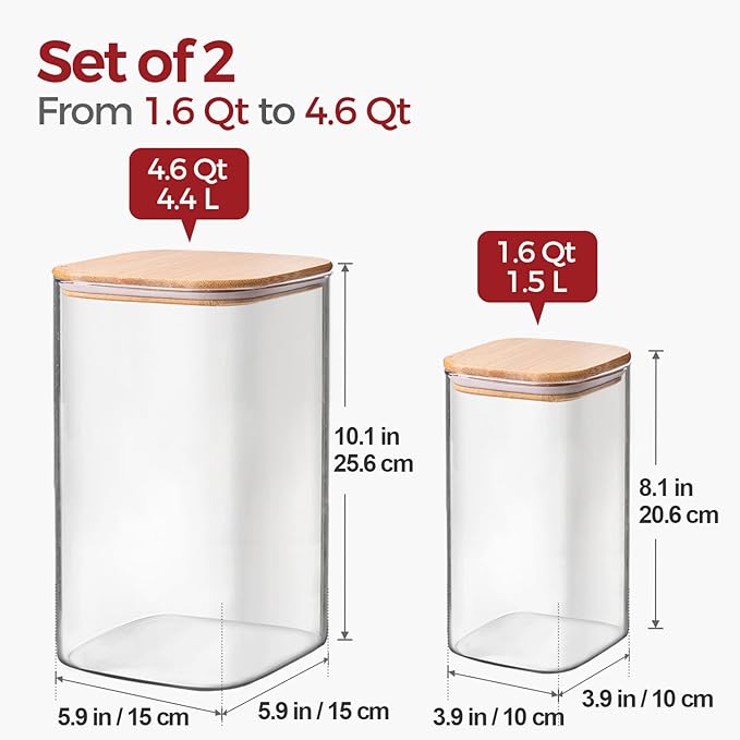 Glass Flour Containers with Bamboo Lids 1.6/4.6 Qt 2 Pack | Wide Mouth, Scoop Included, Kitchen Organizer，Flour Sugar Coffee Beans Pasta Cereal Dry Food Storage - Image 2