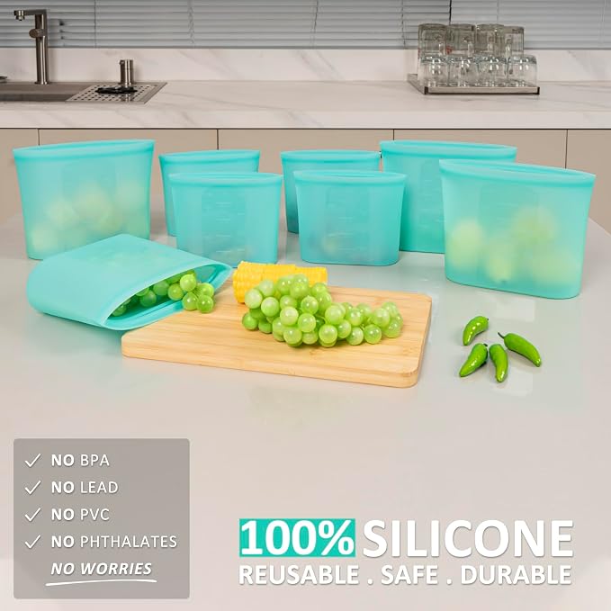 Reusable Sandwich & Snack Bags, 8 Pack 100% Silicone Food Storage Bags Stand Up Zip Lock for Food Container, Freezer Microwave Oven Dishwasher Safe, 4 Small 4 Extra Small, Aqua - Image 2