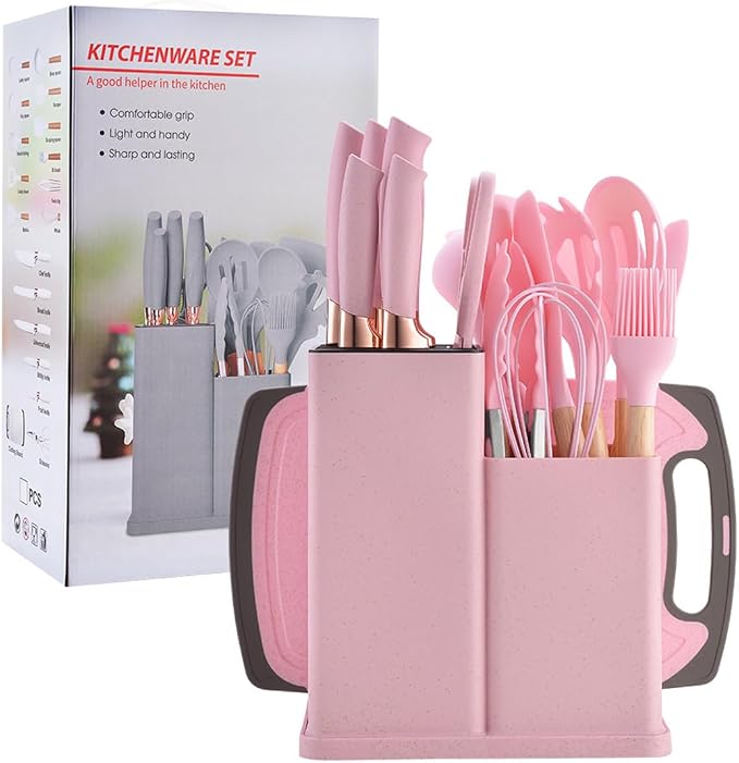 19 Pieces Kitchen Utensils and Knife Set with Block, Inldued 9 Pieces Silicone Cooking Utensils Set 5 Pieces Sharp Stainless Steel Chef Knives Scissors Whisk Tongs and Cutting Board (PINK) by Unknown