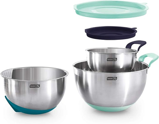 DASH Stainless Steel Mixing Bowls with Lids, Silicone Non-Slip Base with Measuring Lines and Strainer, 3 Bowl Set - 1.5 Quart, 3 Quart, & 5 Quart - Assorted Blue by Dash