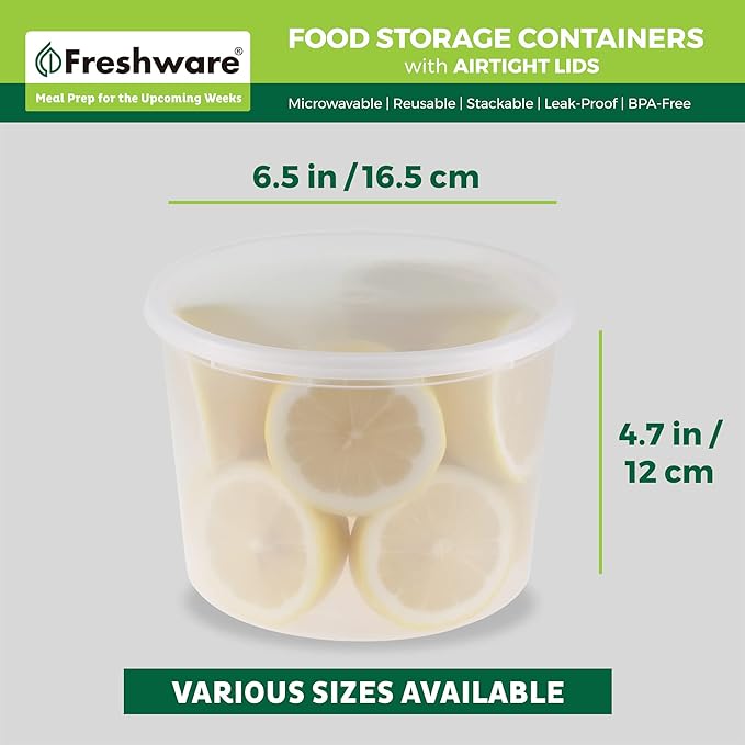 Freshware [12 Pack, 64 oz] 1/2 Gallon Plastic Deli Food Storage Soup Containers With Airtight Lids, Slime Containers, Freezer Safe | Meal Prep | Stackable | Leakproof | BPA Free, Clear - Image 3