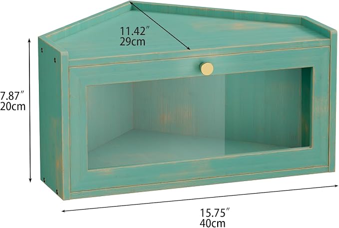 Trironsun Corner Bamboo Bread Box for Kitchen Counter Large Rustic Bread Storage Container with Acrylic Door Space-Saving Vintage Bread Keeper for Homemade Bread (Antique Blue) - Image 5