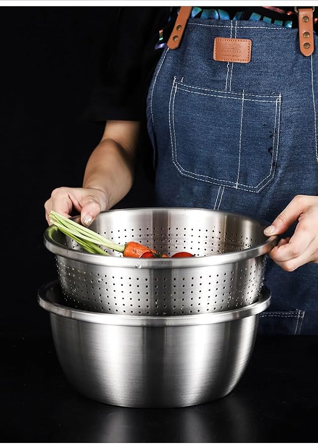 Stainless Steel Mixing Bowl Set with Colander 5-piece set, Round Nesting Bowls for Washing Vegetables, Beating Eggs, Draining, and Kneading Dough - Image 4