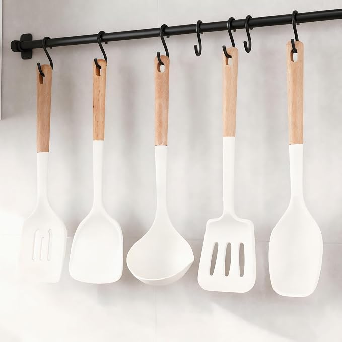 Silicone Cooking Utensils Set 5 Pcs Large Non-Stick Kitchen Utensils Set, Wooden Handle Heat Resistance Turner Soup Ladle Spoon Silicone Cooking Kitchen Gadgets BPA Free for Nonstick Cookware - Image 7