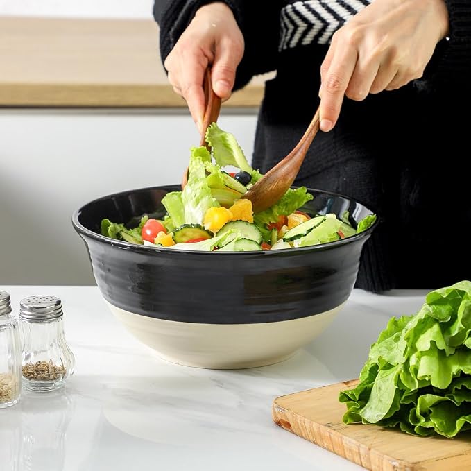 HASENSE Large Ceramic Serving Bowls Set of 2, 84 Oz 9 Inch Black & Beige Stoneware Mixing Bowls, Farmhouse Bowls for Salad, Soup, Popcorn & Baking, Dishwasher & Microwave Safe - Image 5
