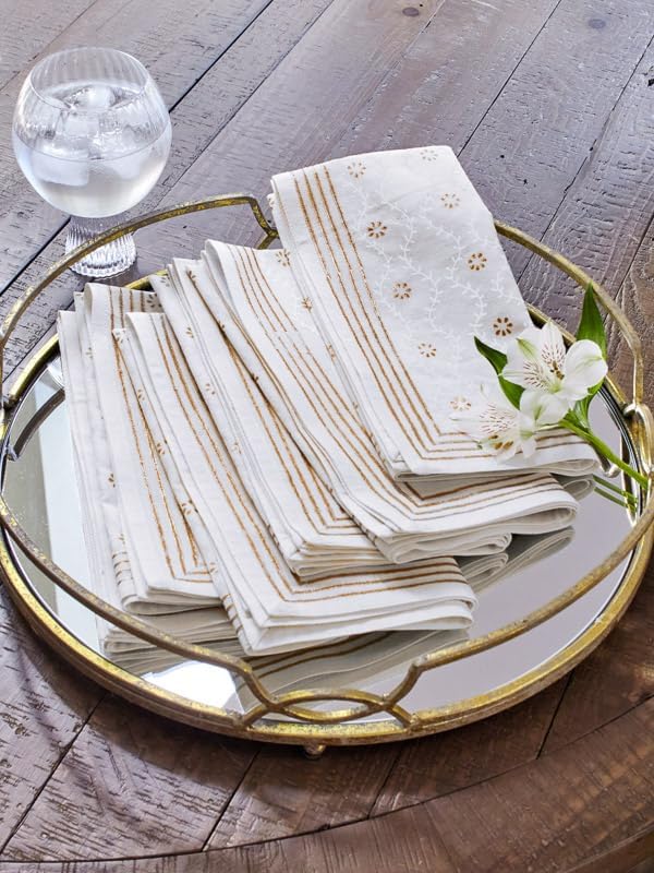 100% White Cotton Dinner Napkins, Set of 6, Hand Printed Vanilla Glace Design, Fair Trade, Washable Cloth Napkins for Parties & Cocktails 20x20 in by SaffronMarigold