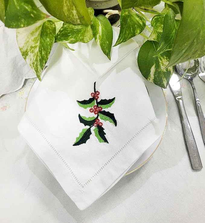 Embroidered Cloth Napkin Holly Leaf Christmas Cotton Napkins Set of 6, 20x20 Hemstitch Table Napkins Machine Washable, Daily & Christmas, Great Present Ideas - Image 6