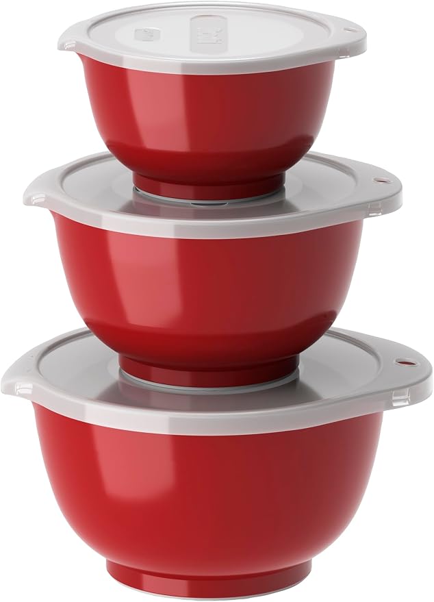 Rosti Margrethe Set of 6 Mixing Bowls with 3 Mixing Bowls and 3 Lids, Recyclable Plastic, 0.25L, 0.5L, 0.75L, Red by Rosti