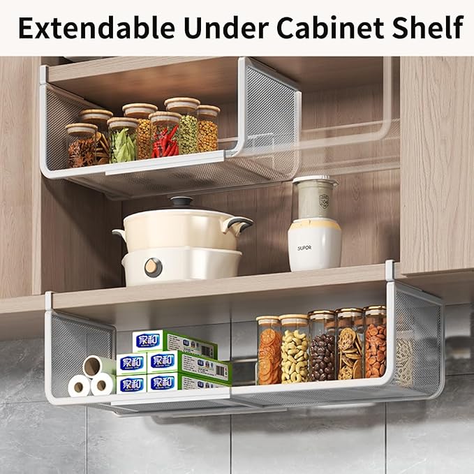 Expandable Under Shelf Basket Organizer, Under Shelf Storage, Hanging Baskets Under Cabinet for Pantry Kitchen Cupboard Desk Counter Bookshelf Space Saver Heavy Duty Slide-in (white, 2 Pack) - Image 2