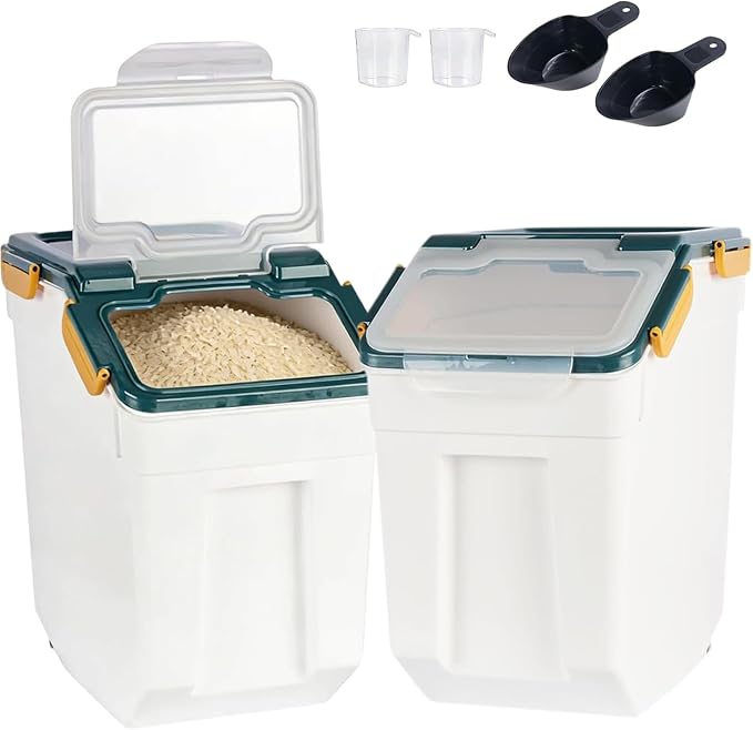 AnRui Flour Storage Container 25lb, Grain Storage Bucket, Airtight Rice Cereal Dispenser Organizer Box with Lid, Wheat Berry Storage Bin with Measuring Cup, Scoop, Wheels, 2Pcs Blue - Image 9