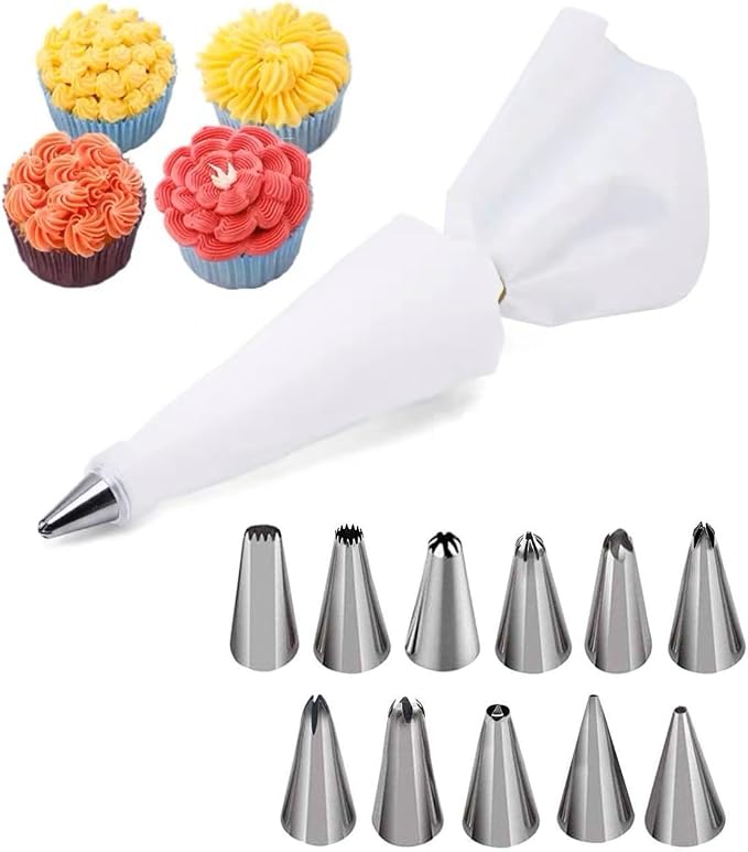 12Pcs Stainless Steel Cake Decorating Set with Frosting Icing and Piping Bag & Coupler Cupcake Muffin Decor Baking Tool Reusable & Washable (Multicolor) - Image 3