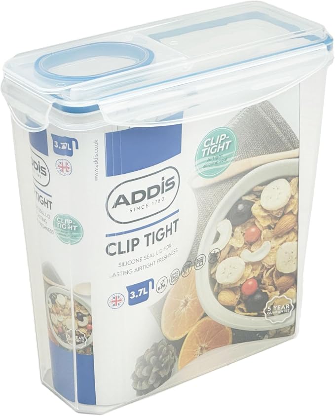 Addis Clip Tight Cereal Food Storage Container 3.7 Litre Tall Rectangle With Easy Pour Lid and Locking Clips, Airtight Bpa Free, Clear Transparent by Addis