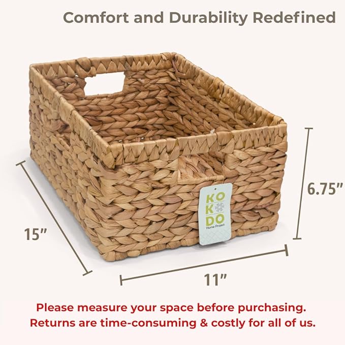 KOKODO 15”L x 11”W Large Rectangular Water Hyacinth Wicker Storage Basket with Handles, Metal Frame and Chalkboard Label, Handwoven Bin for Space-Saving Room Organization - Image 3