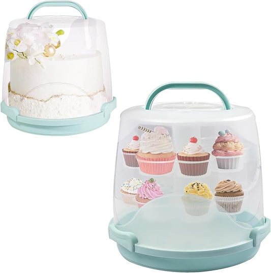 Cake Carrier Round Cake Stand Plus Height Cake Container with Cupcakes Pad, Handle, Lid Reusable Package Box for Transporting Desserts,Pie,Toast,Fruit (10" Blue) by HomDSim
