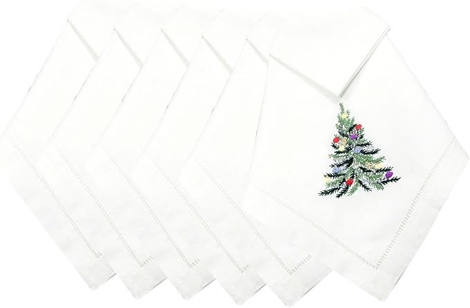 Embroidered Cloth Napkin Christmas Tree & Ornaments Cotton Napkins Set of 6, 20x20 Hemstitch Table Napkins Machine Washable, Daily & Christmas, Great Present Ideas by Unknown