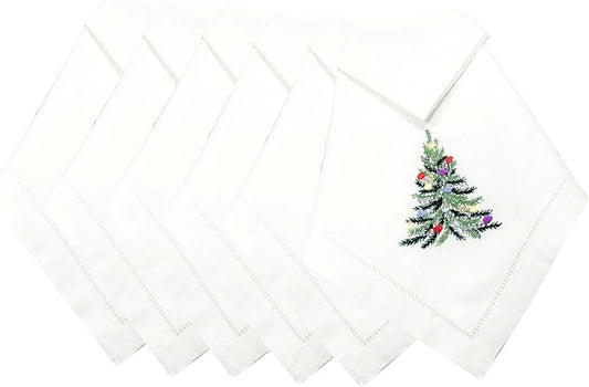 Embroidered Cloth Napkin Christmas Tree & Ornaments Cotton Napkins Set of 6, 20x20 Hemstitch Table Napkins Machine Washable, Daily & Christmas, Great Present Ideas by Unknown