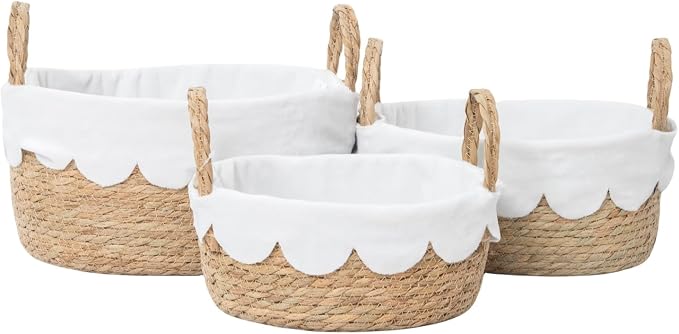 Handmade Seagrass Wicker Storage Basket with Handles & Removable Liner,Eco-Friendly Oval Woven Shelf Basket Organizer for Home Decor,Set of 3 by QingtuHome