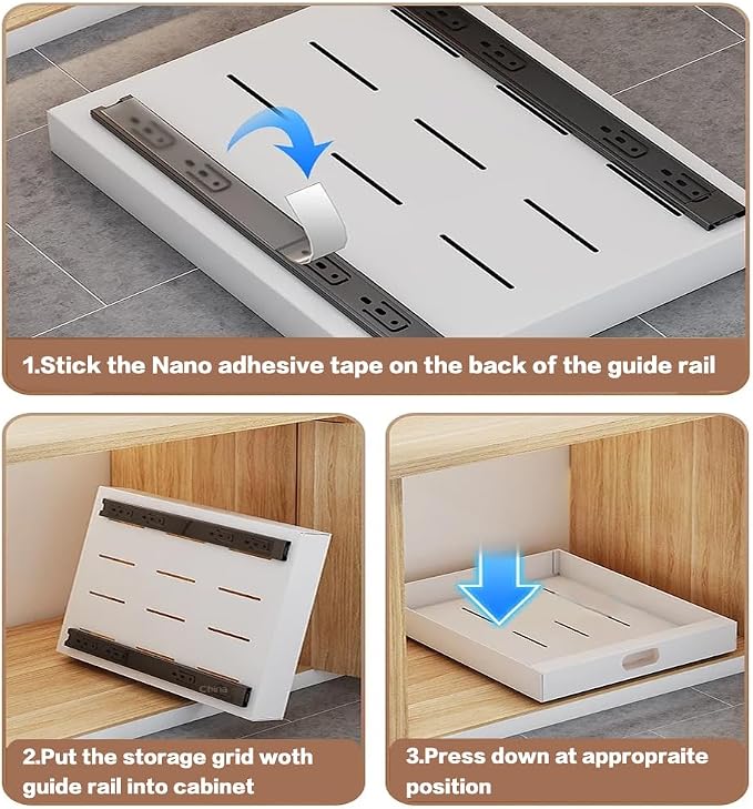bealy 1 Pack Pull Out Cabinet Organizer Adhesive, 12'' W x 16.9" D x 3.1'' H Heavy Duty Carbon Slide Out Pantry Shelves, Sliding Drawer Pull Out Pantry Shelves for Kitchen, Living Room, Home - Image 4