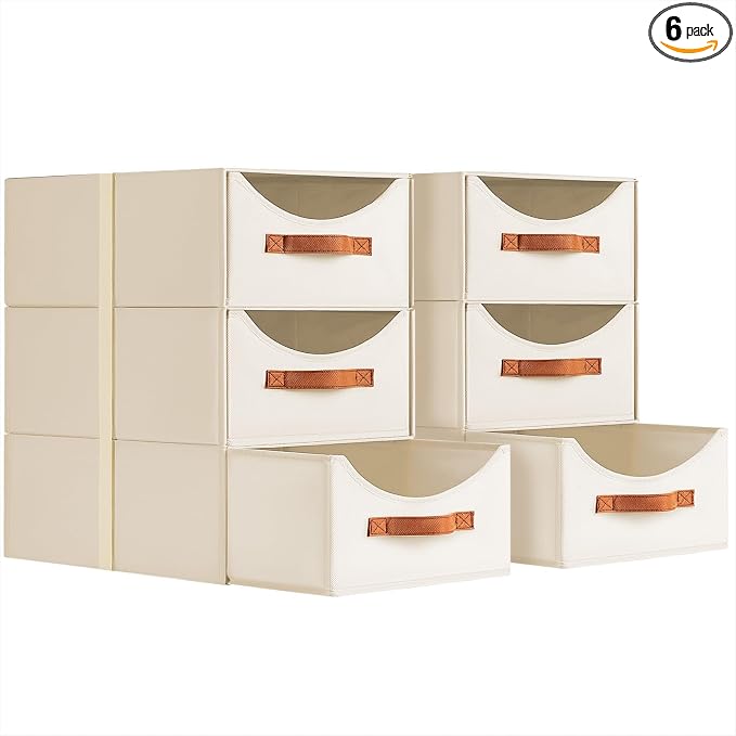 Large Closet Storage Bins with Drawer, Fabric Bins for Organization, Collapsible Storage Drawers Organizer for Bedroom, Living Room, 6 Pack, Beige by Homsorout