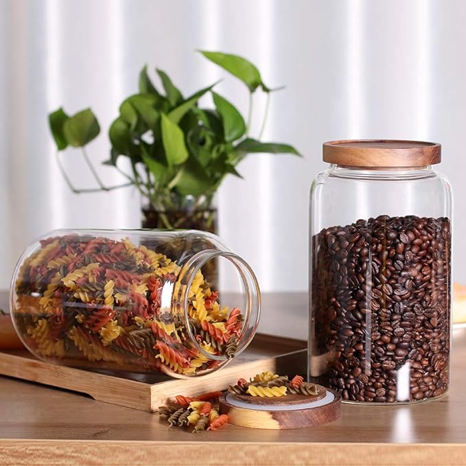 Large Glass Jar with Airtight Lid Set of 2 93 FL OZ(2750ml) glass canister set, Glass Food Containers Wooden Lid Suit for Kitchen Pantry for Flour, Tea, Coffee Beans, Sugar, Cookies(8.8 inch high) - Image 5