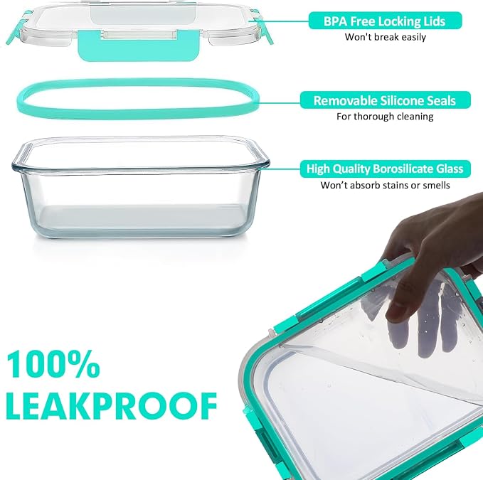 VERONES 30 Pieces Glass Food Storage Containers Set with Lids, Green | Stackable Glass Meal Prep Containers Set with Lids, Airtight Lunch Containers, for Microwave, Oven, Freezer & Dishwasher - Image 4