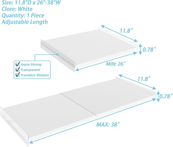 Expandable Closet Shelves, 1 Pack Adjustable Metal Closet Organizers and Storage Shelves for Wardrobe, Kitchen Pantry, Shoe Rack, (White,11.8" D x 26"-38" W,1PCS) - Image 3