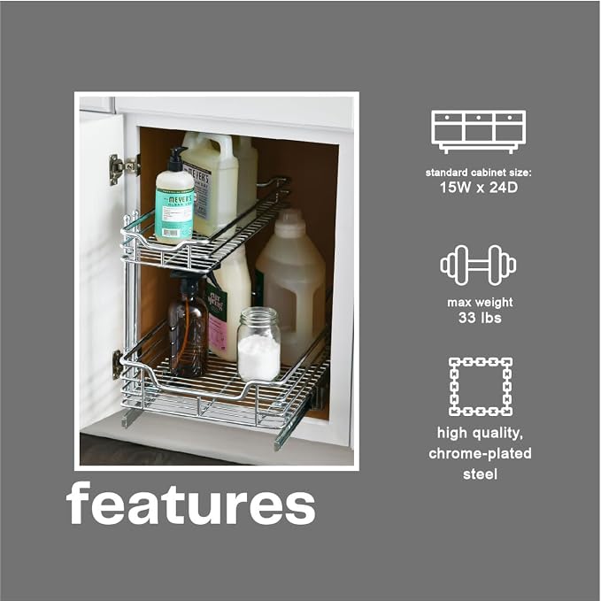 Household Essentials Glidez 2‑Tier Large Multipurpose Chrome‑Plated Steel Pull‑Out/Slide‑Out Under Sink Organizer, Chrome Finish - Image 5