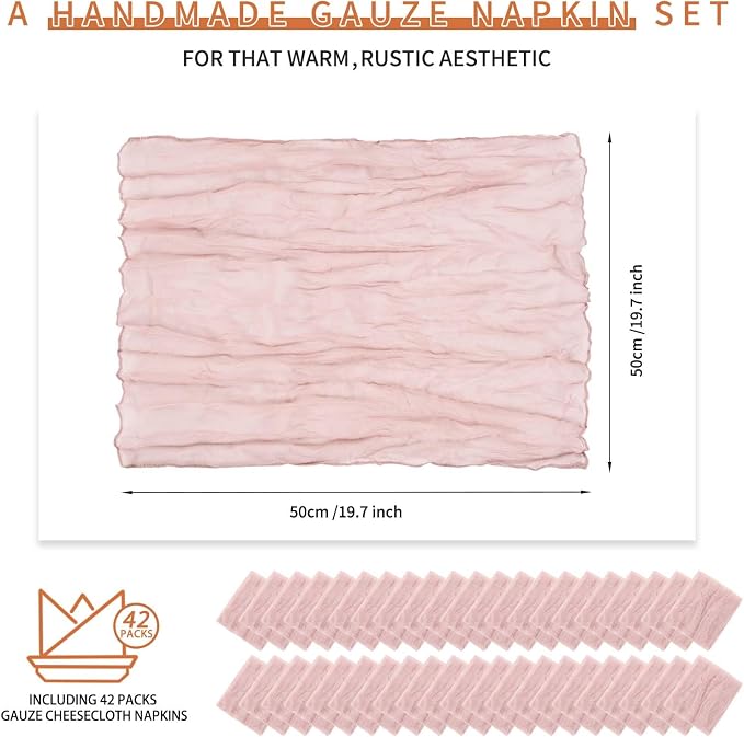 42 Packs Gauze Cheesecloth Napkins 20 x 20 Inch Dusty Pink Wrinkled Dinner Napkins, Pink Rustic Boho Soft Cloth Napkin for Wedding Party Event Dinner Table Decoration - Image 2