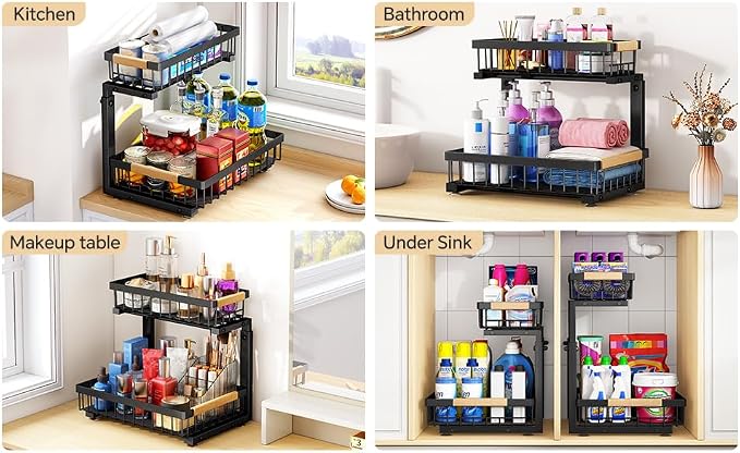 PXRACK Under Sink Organizer, Adjustable Height, 2 Tier Pull Out Under Cabinet Organizer, Slide Out Thickened Metal Under Sink Storage for Kitchen Bathroom Laundry Pantry Cabinet, Black, Small-2-Pack - Image 7