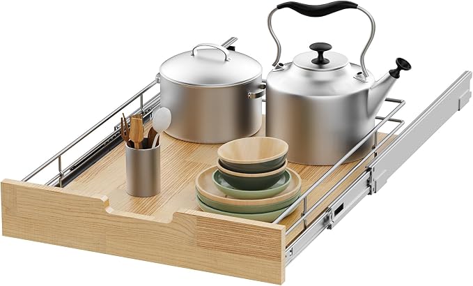 Sikarou Pull Out Cabinet Organizer 14"W x 21"D Wood and Wire Storage Shelf by SikarouStorageSpecialist