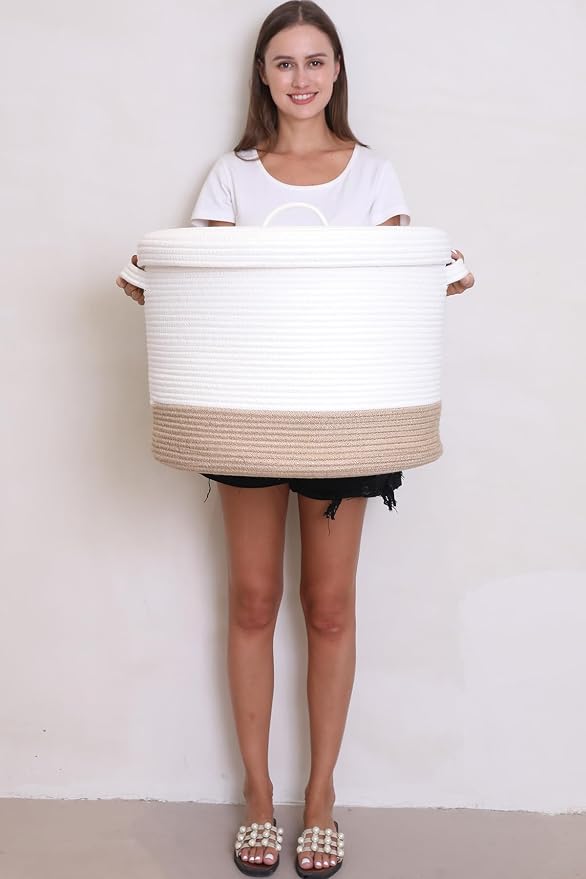 20x15 Inch Extra Large Round Cotton Rope Storage Basket with Lid, Decorative Woven Bin with Cover for Living Room Bedroom Closet, White & Jute - Image 8