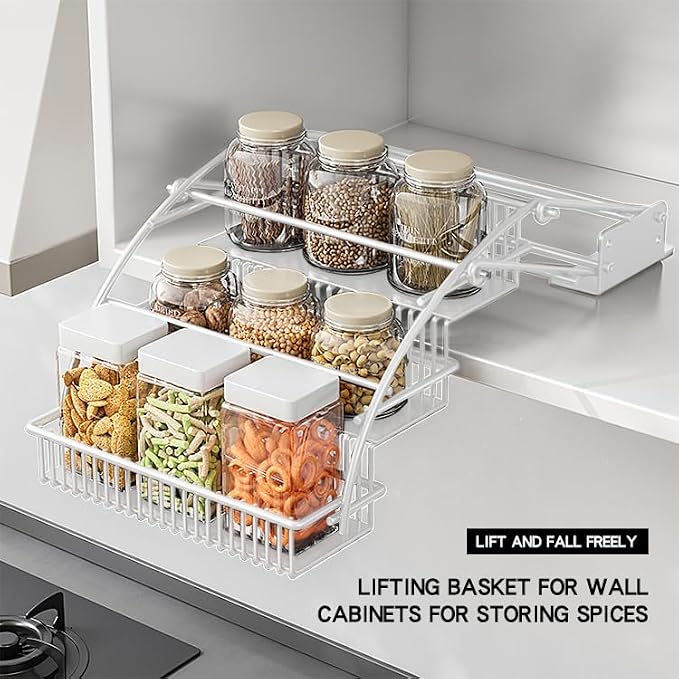 3-Tier Pull Down Spice Rack Organizer for Inside Cabinet Expandable Display Riser Shelf Seasoning Shelf (12.4IN/White) - Image 4