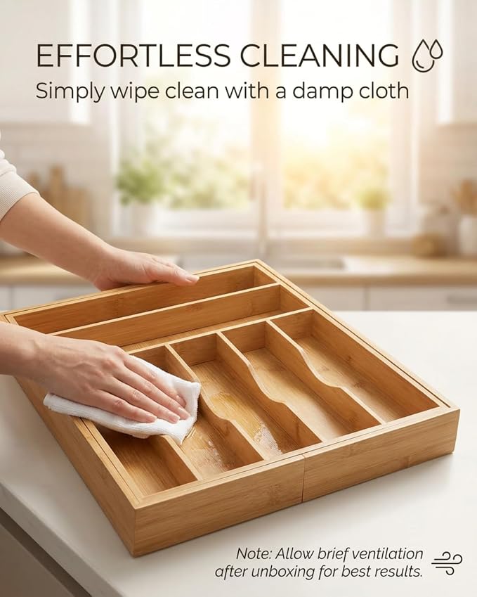 Expandable Bamboo Silverware Drawer Organizer, 5-7 Compartments | Expands to Fit Most Drawers, 5-7 Compartments, Dual-Zone Storage for Flatware and Large Utensils - Image 5