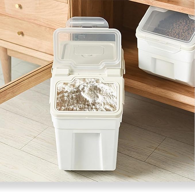 25LB Large Flour Storage Container Bin ,2 Pack Airtight Plastic with Wheels Seal Locking Lid Dispenser Organizer Storage Bin with Measuring Cup & Scoop for Flour, Rice, Grain 50LBS Total - Image 7