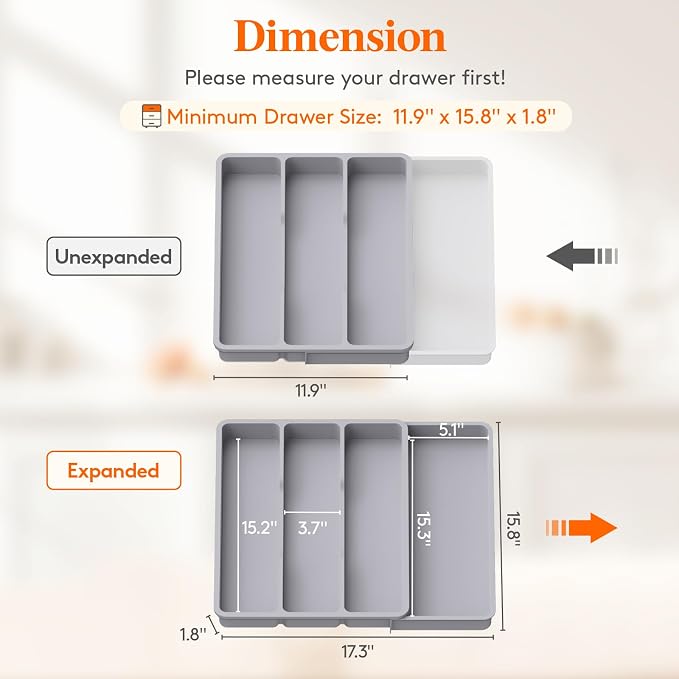 Lifewit Utensil Organizer for Kitchen Drawer, Expandable Cooking Silverware Tray, Adjustable Cutlery Flatware Holder, Plastic Spatula Tools Storage Divider, 17.3 x 15.8", Gray - Image 3