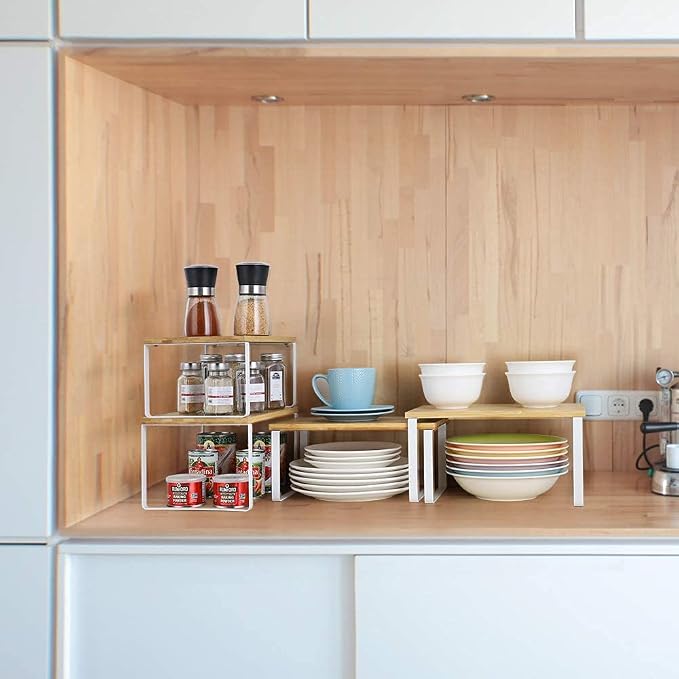 Vrisa Kitchen Cabinet Organizer Stackable Spice Rack Shelves for Cabinet Expandable Pantry Shelves Organizer Set of 4 Bamboo - Image 2