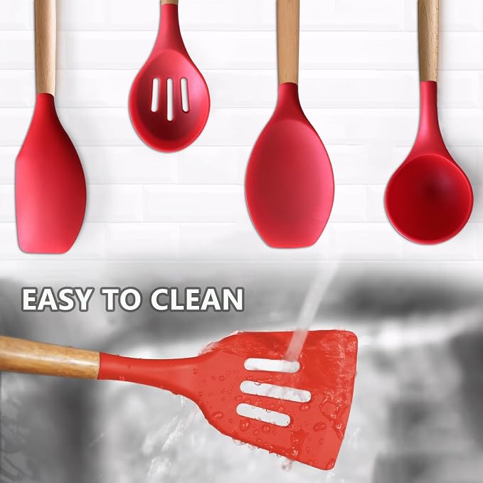 Silicone Cooking Utensils Set 5Pcs Non-Stick Silicone Kitchen Utensils for Cooking, Heat Resistant Kitchen Gadgets Spatula Spoon Turner Set with Wooden Handles for Non-Stick Cookware BPA Free - Image 7