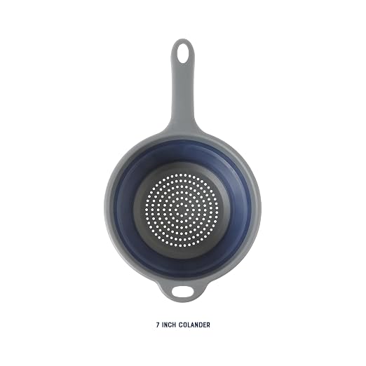 Oster Bluemarine Foldable Handled Strainer – 7-Inch Collapsible Colander for Pasta, Veggies, Fruits, Compact Kitchen Tool, Dishwasher Safe, Blue/Grey - Image 3