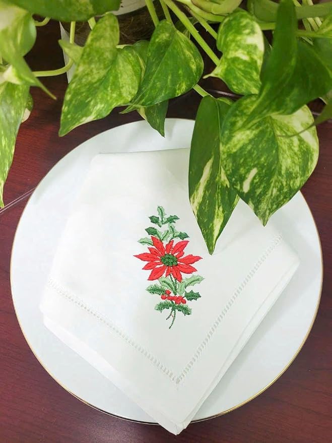 Embroidered Cloth Napkin Poinsettia and Holly Christmas Cotton Napkins Set of 6, 20 x 20 Hemstitch Table Napkins Machine Washable, Daily & Holidays, Great Gift Ideas - Image 6